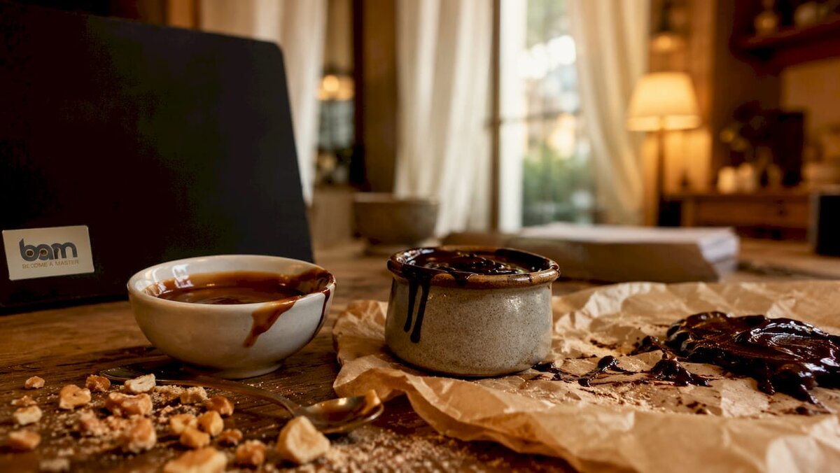 Záber zblízka na čokoládovú ganache a karamelovú omáčku