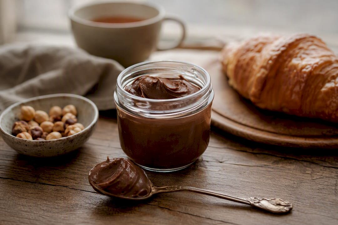 Pohár s giandujou z lieskových orechov, lyžička a croissant