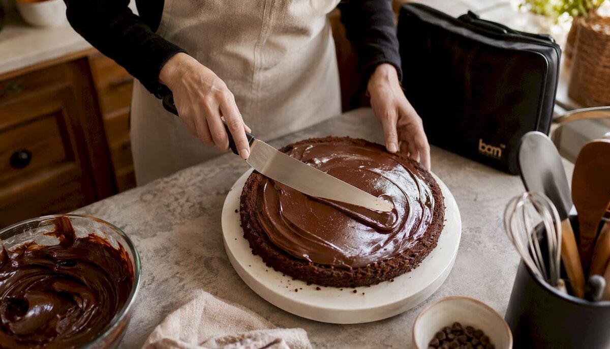 Záber zblízka na ruky, ktoré natierajú ganache na tortovú vrstvu