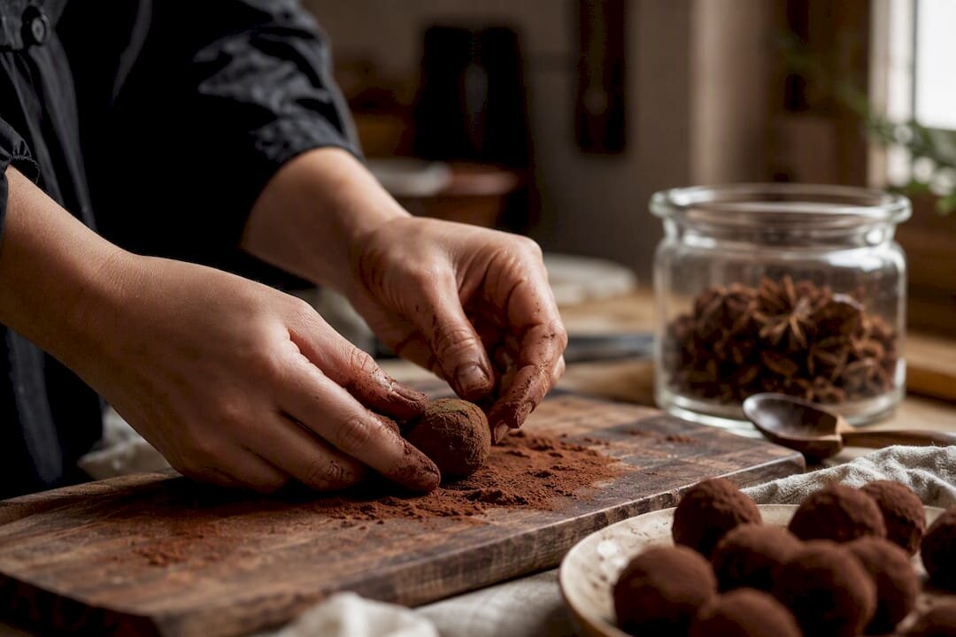 Ruky, ktoré obalujú truffle v kakaovom prášku