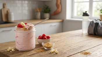 Proteínový puding Malinový tvarohový koláč, so sladidlom